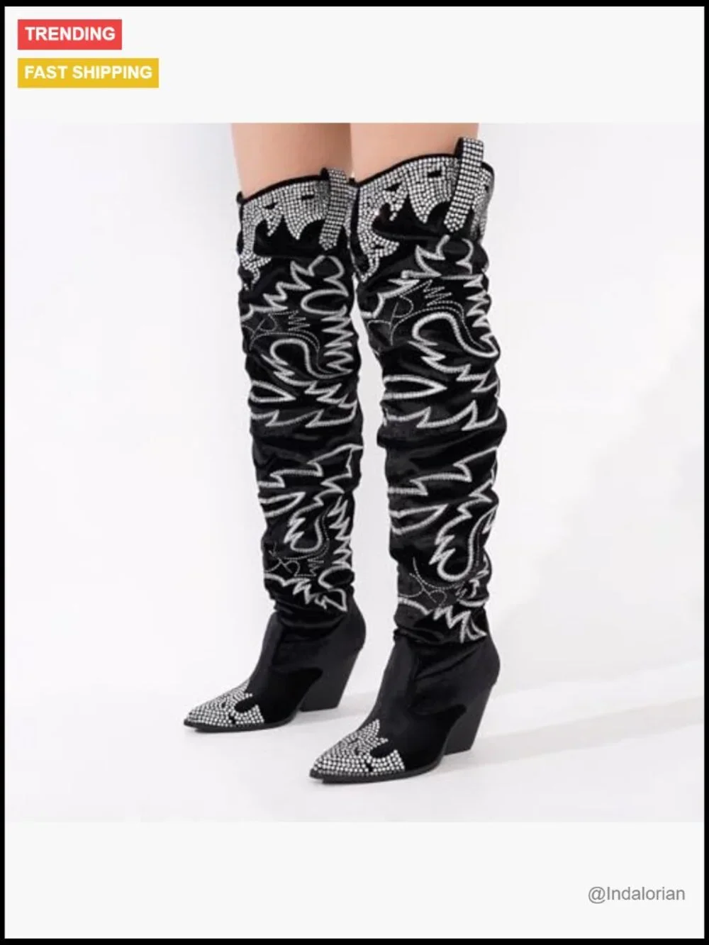 Rhinestone Embroidered Cowboy Boots Thigh High Slouchy Wide Calf Over the Knee